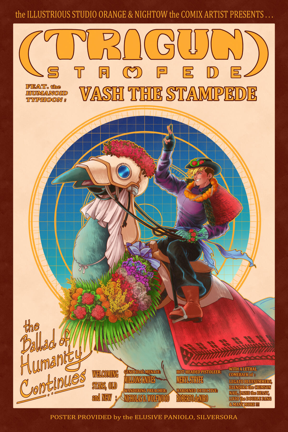 A fake Western movie poster of Wolfwood from Trigun posing on a clifftop wearing fur trimmed cowboy chaps, a cowboy hat, and a maile pikake lei as he smokes a Hawaiian cigar while leaning on his motorcycle. There is a Hawaiian owl on his Punisher cross beh