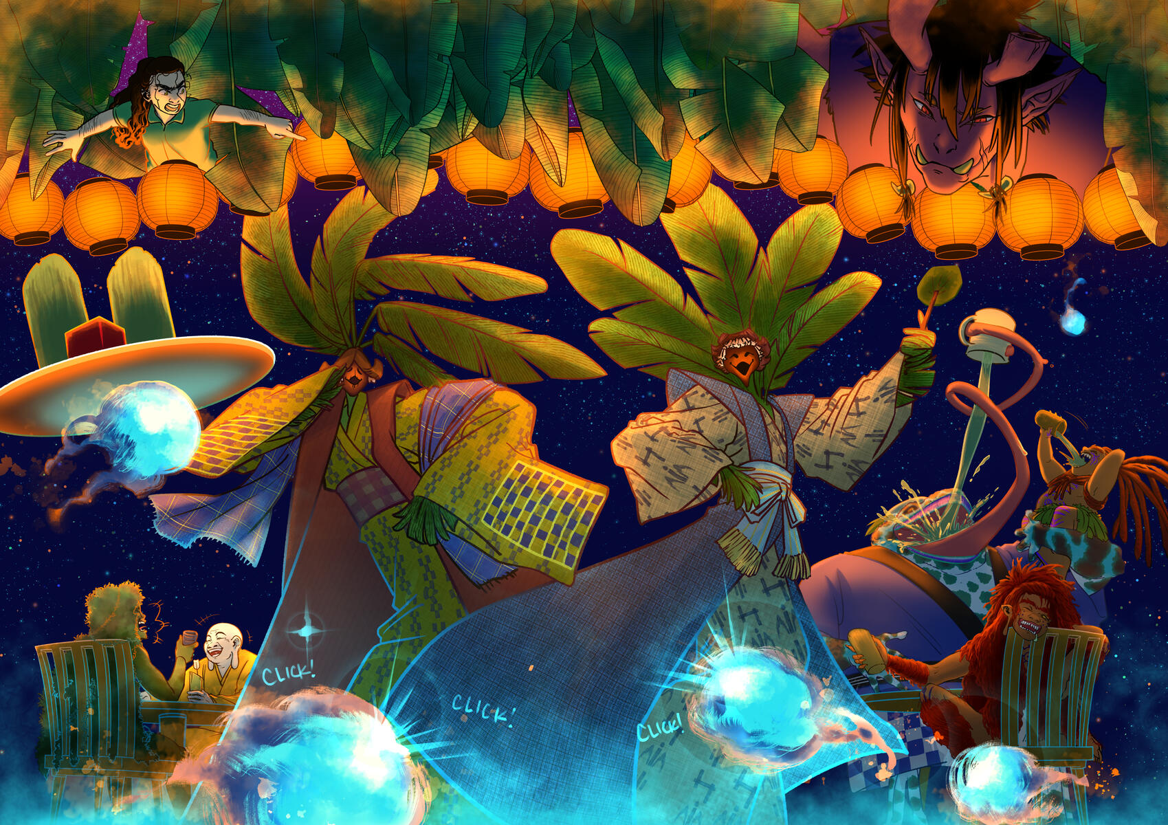 2 Basho-sei spirits show off their Basho-fu outfits as other Okinawan spirits drink sake behind them while Oni-bi float around serving the party goers. Above the orange lanterns in the banana leaves, however, is an angry girl in a uniform and a large Uni.