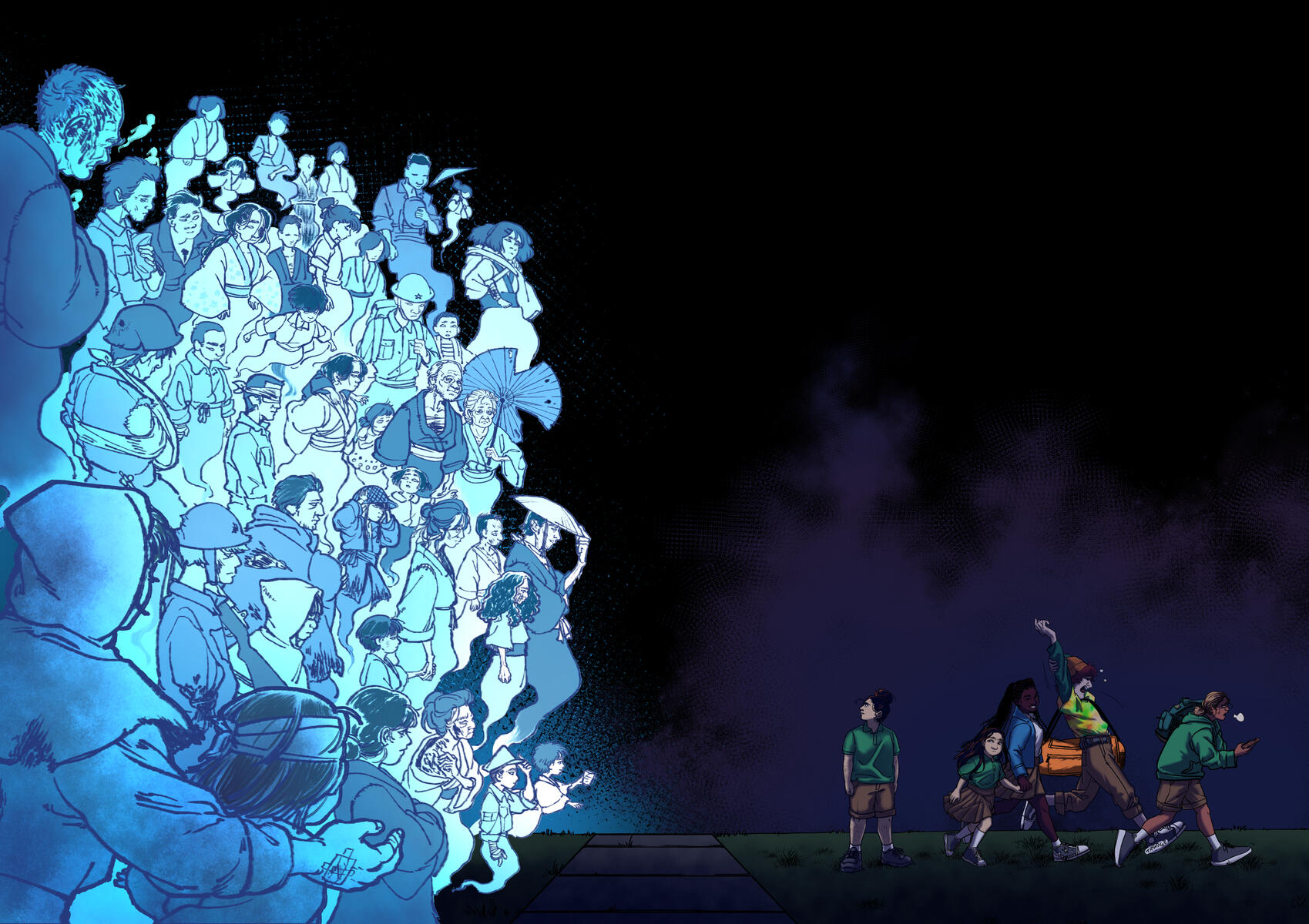 A group of friends in school uniforms walk away from a sidewalk in a field, but one girl turns back, unsure if she should speak to the crowd of ghosts who died in Okinawa gathered on the other side.