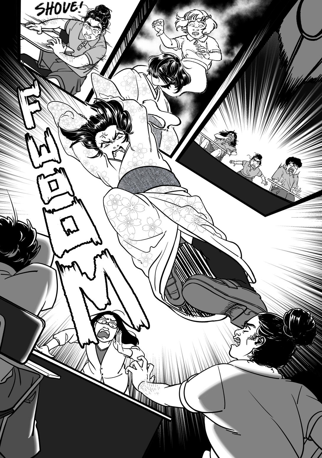 A school girl shoves herself out of her desk to stop a ghost from terrorizing her classmate in her kimono. Unfortunately, the kimono girl takes her anger out on her classmate instead... via the bottom of her loafer launched DIRECTLY to the face.