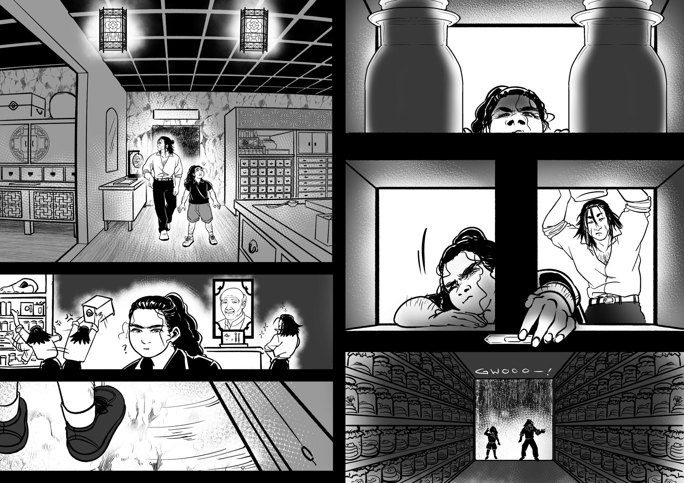 A young girl in a school uniform discovers a hidden apothecary in a cave with a well dressed man. As they inspect the apothecary, the girl discovers the secret Awamori stash behind a shelf.