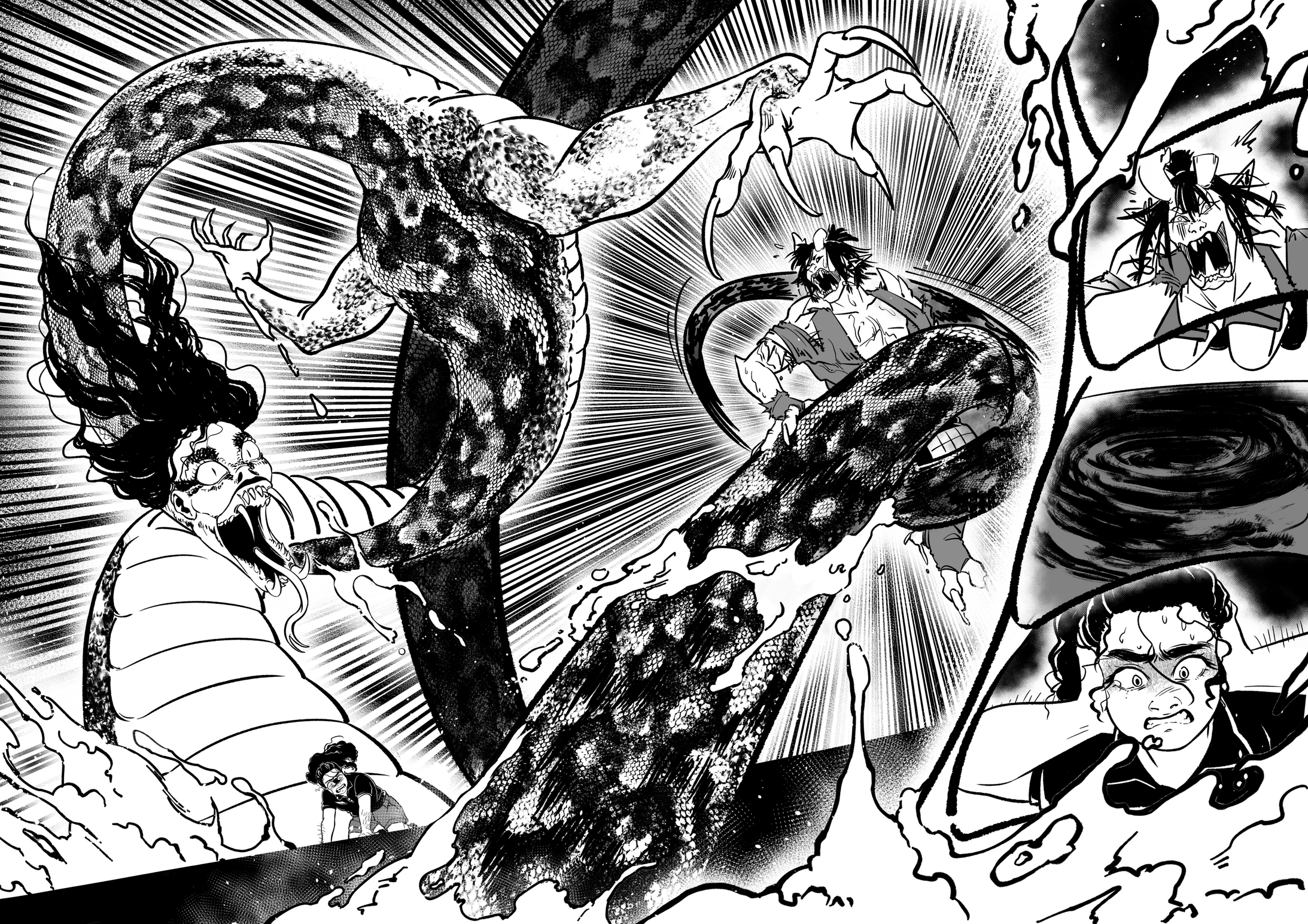 A spread of a contorted Habu lady in the midst of fighting an Uni trapped in her bind. On the right, her scales shoot up on the side, revealing panels of the Uni shouting at a distressed girl who's scared of the dark water below.