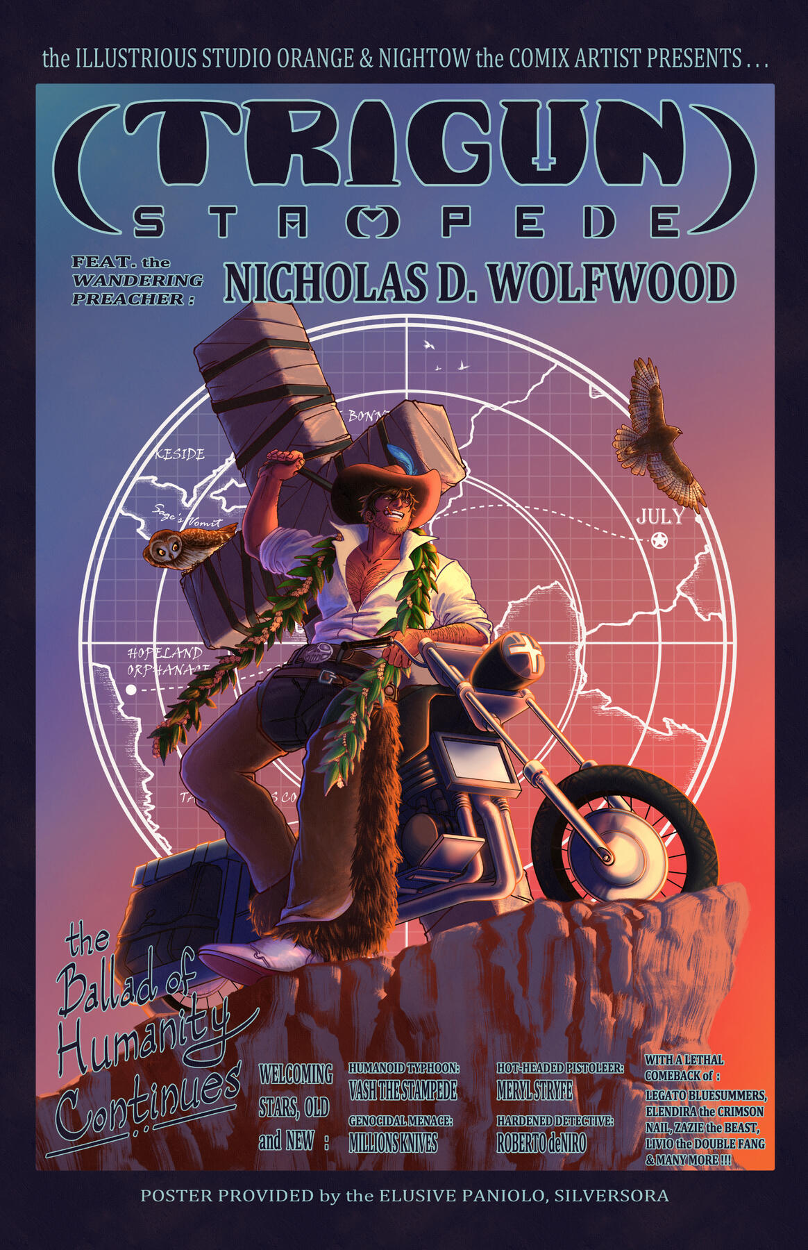 A fake Western movie poster of Wolfwood from Trigun posing on a clifftop wearing fur trimmed cowboy chaps, a cowboy hat, and a maile pikake lei as he smokes a Hawaiian cigar while leaning on his motorcycle. There is a Hawaiian owl on his Punisher cross beh